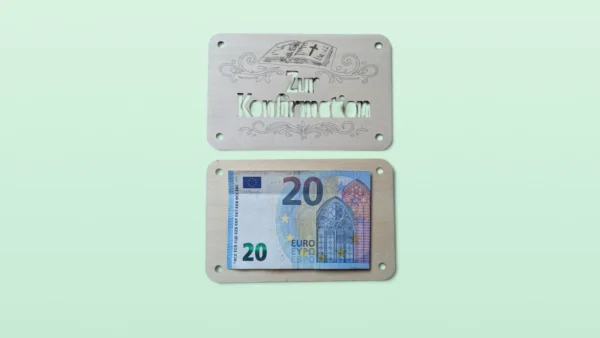 Holz-Geschenkkarte "Zur Konfirmation“ - Bibel & Ornamente