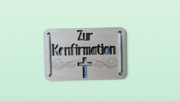 Holz-Geschenkkarte "Zur Konfirmation“ - Kreuzfenster