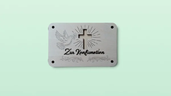 Holz-Geschenkkarte "Zur Konfirmation“ - Taube & Kreuzstrahlen