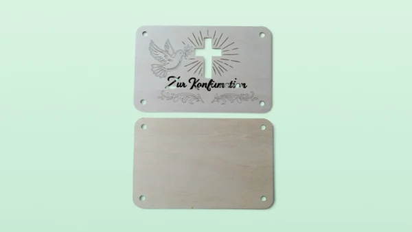 Holz-Geschenkkarte "Zur Konfirmation“ - Taube & Kreuzstrahlen