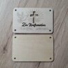 Holz-Geschenkkarte "Zur Konfirmation“ - Taube & Kreuzstrahlen